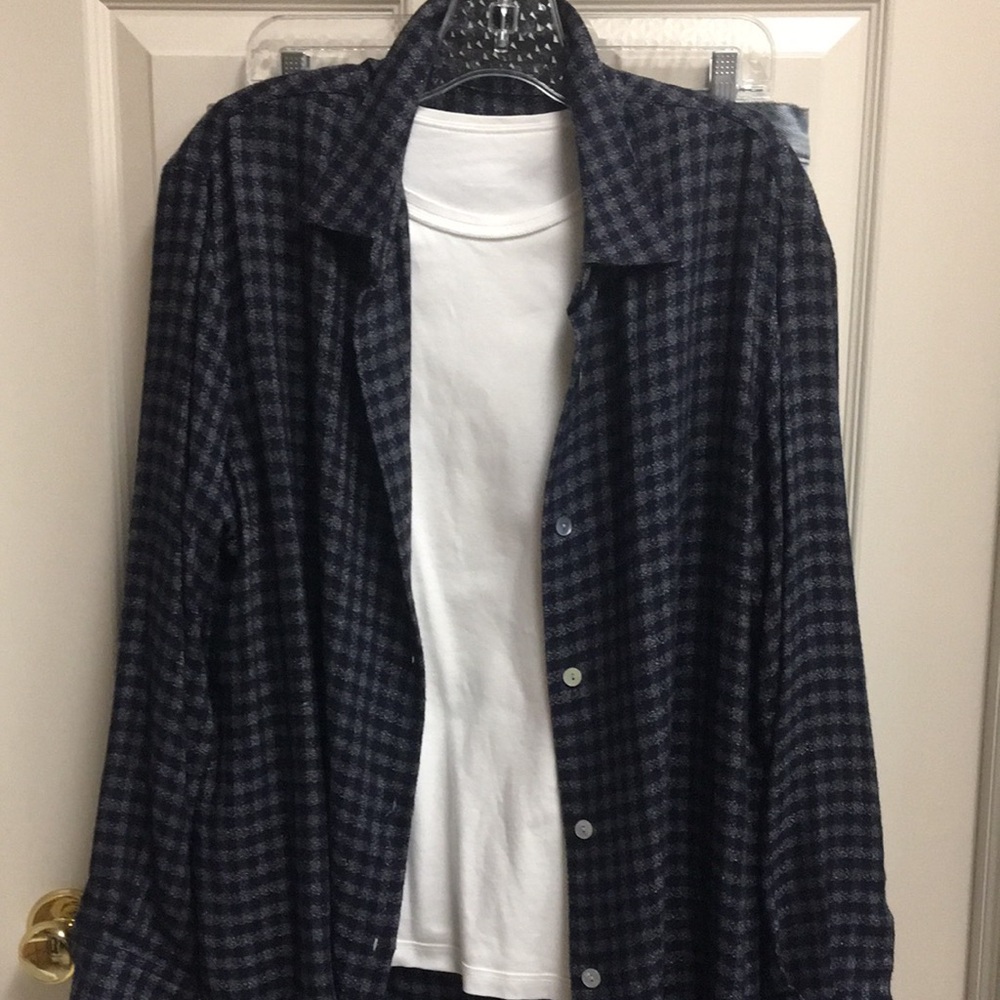 SAKS FIFTH AVENUE Unisex Shacket, Blue & Grey Woven Checkered Shirt